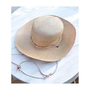 Open Crown Cowboy‎ Hat Vintage SF Green Straw Natural Tan Woven Lightweight